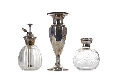Lot 433 - A SILVER VASE, PERFUME ATOMISER, BOTTLE TWO SILVER BOXES AND A GLASS JAR