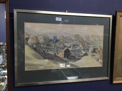 Lot 377 - A LOT OF TWO WATERCOLOUR LANDSCAPE SCENES AND TWO ETCHINGS