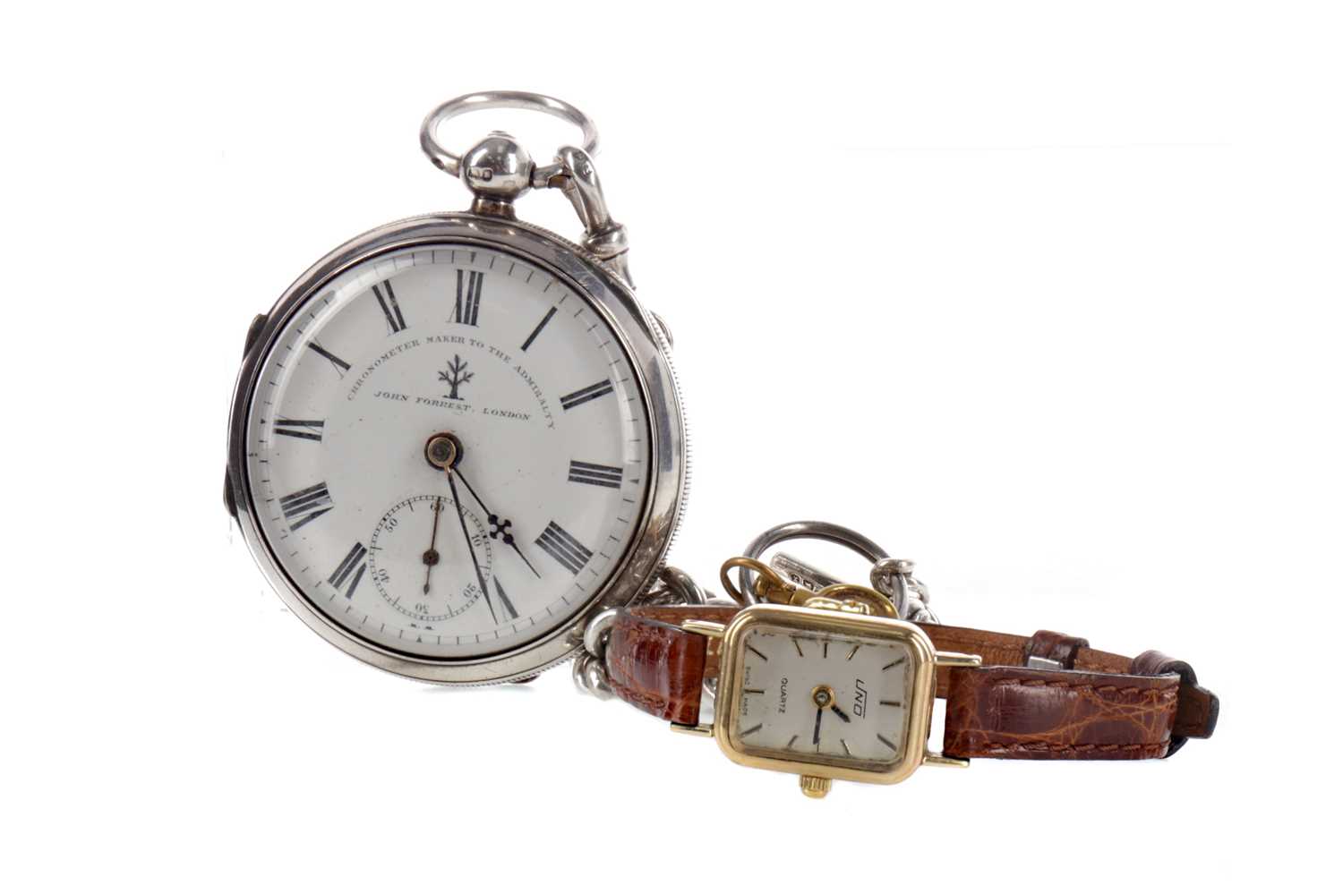 Lot 735 - A SILVER POCKET WATCH AND A GOLD CASED WATCH