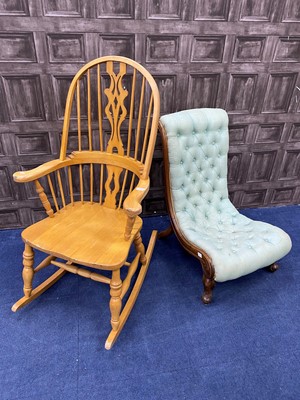 Lot 382 - A WALNUT BUTTON BACK NURSING CHAIR AND A PINE ROCKING CHAIR