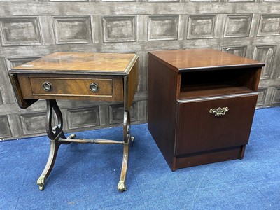 Lot 417 - A DROP LEAF OCCASIONAL TABLE, DEMI LUNE CUPBOARD AND A BEDSIDE CABINET