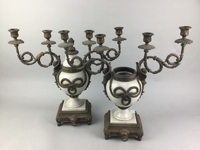 Lot 439 - A PAIR OF CANDLEABRA AND A BRASS TABLE LAMP