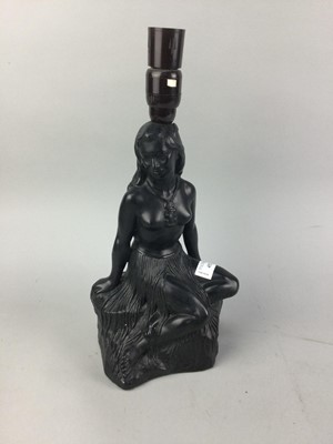 Lot 452 - AN EBONISED TABLE LAMP AND A STUDIO POTTERY MODEL OF A HOUSE