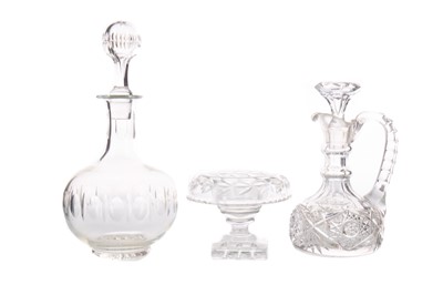 Lot 262 - AN EARLY 19TH CENTURY CUT GLASS PEDESTAL BOWL, ALONG WITH A VINEGAR CRUET AND A DECANTER