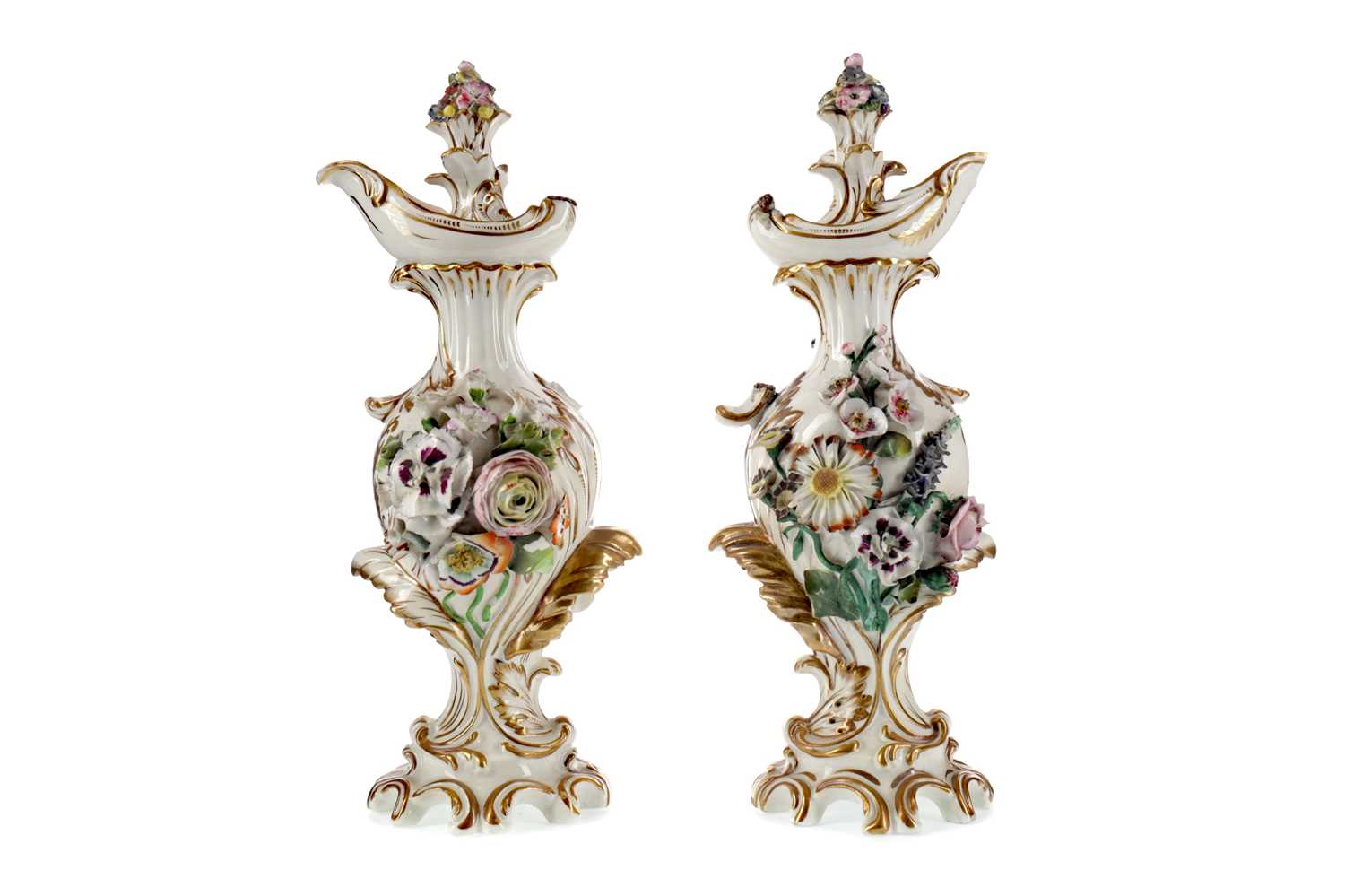 Lot 68 - A PAIR OF EARLY 19TH CENTURY DERBY PORCELAIN EWERS AND STOPPERS