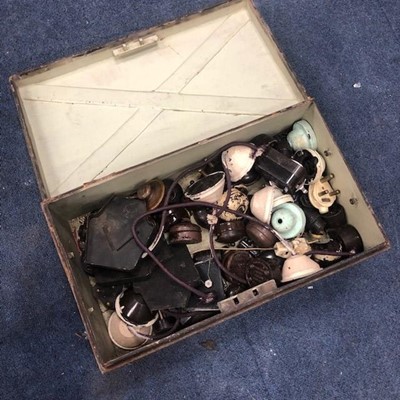 Lot 481 - A LOT OF VINTAGE LIGHTS FITTINGS, PLUGS CONTAINED IN A METAL BOX