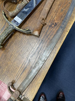 Lot 457 - A LATE 19TH CENTURY NAVAL OFFICERS SWORD, ANOTHER AND A REPRODUCTION SWORD