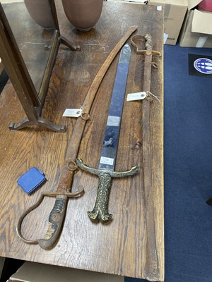 Lot 457 - A LATE 19TH CENTURY NAVAL OFFICERS SWORD, ANOTHER AND A REPRODUCTION SWORD