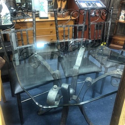 Lot 416 - A LOT OF TWO GLASS TOPPED TABLES AND FOUR CHAIRS