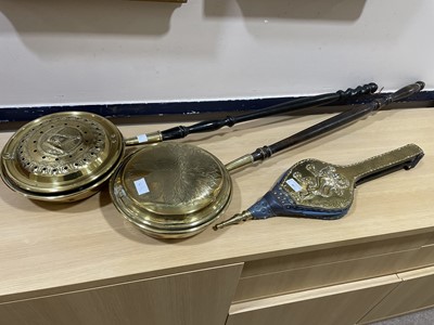 Lot 467 - A PAIR OF VINTAGE BELLOWS, TWO BRASS BED PANS AND A BRASS CHARGER