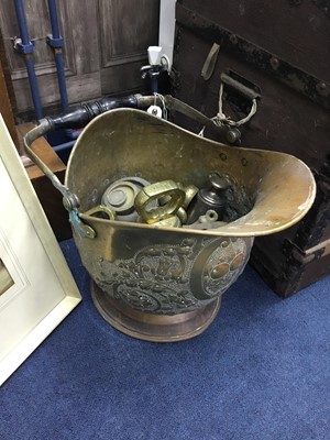 Lot 469 - A VINTAGE COAL SCUTLLE AND VARIOUS VINTAGE WEIGHTS