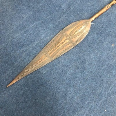 Lot 477 - A CARVED WOOD AFRICAN SPEAR