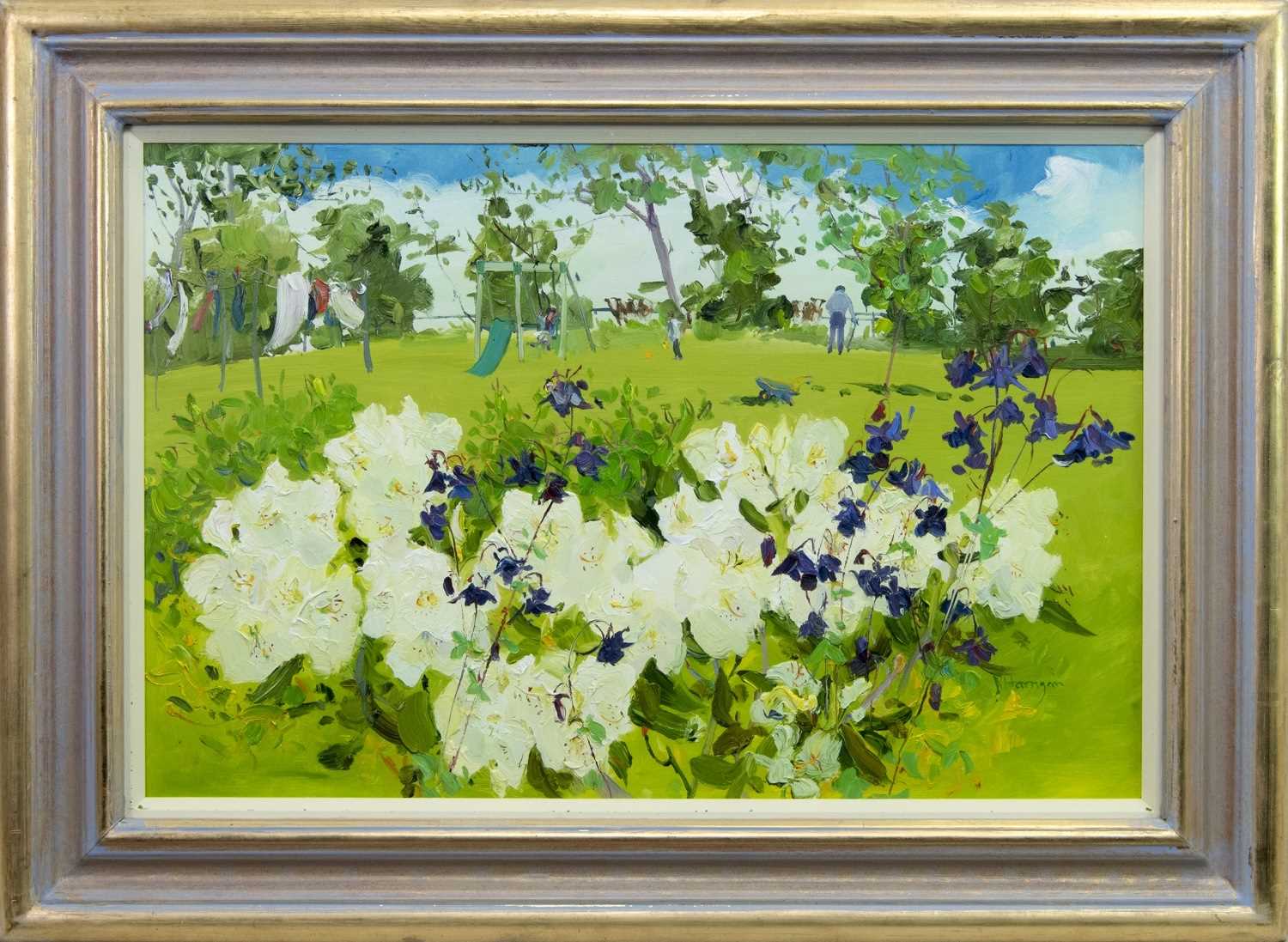 Lot 515 - CLAIRE'S GARDEN, AN OIL BY JAMES HARRIGAN