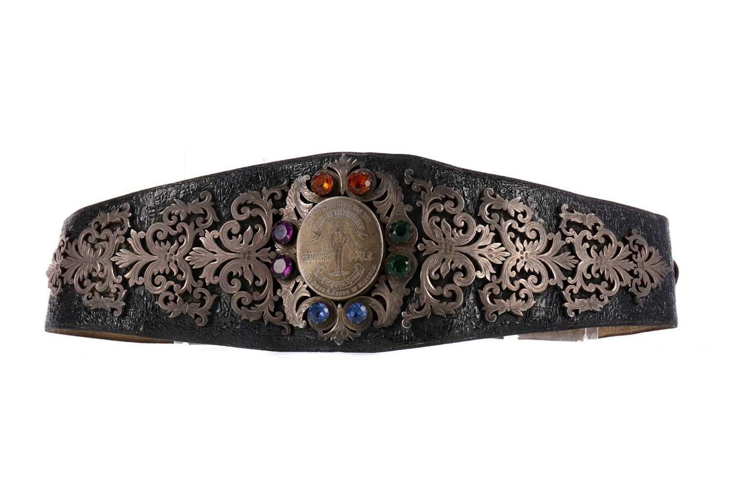 Lot 1602 - A LATE VICTORIAN SILVER MOUNTED WORLD CLOG DANCING CHAMPIONSHIP BELT