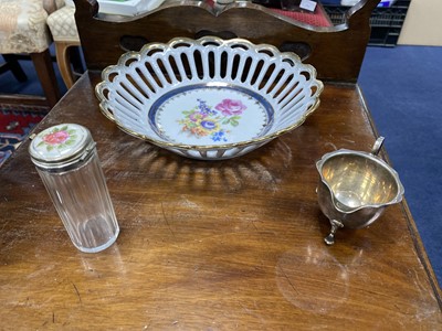 Lot 512 - A LOT OF TWO SILVER TOPPED CUT GLASS JARS, ALONG WITH PLATED ITEMS AND THREE PLATES