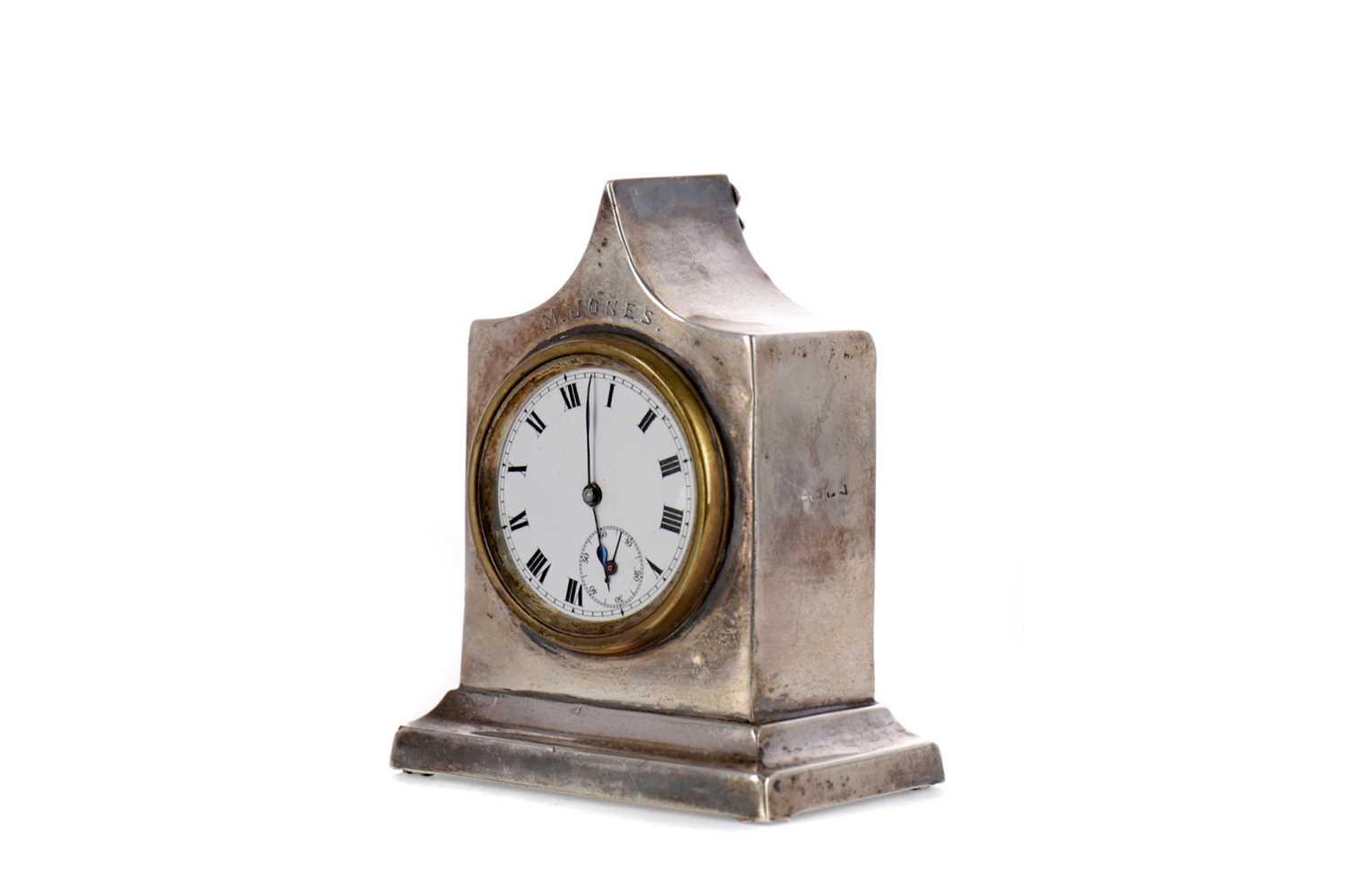 Lot 454 - AN EARLY 20TH CENTURY SILVER CASED BEDSIDE TIMEPIECE