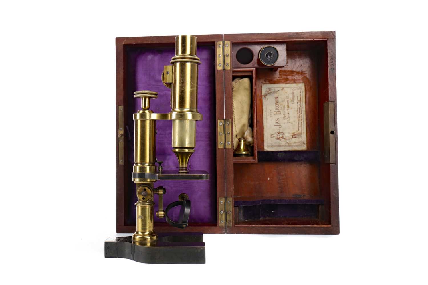 Lot 1106 - A LATE 19TH CENTURY BRASS MONOCULAR MICROSCOPE BY JAMES BROWN