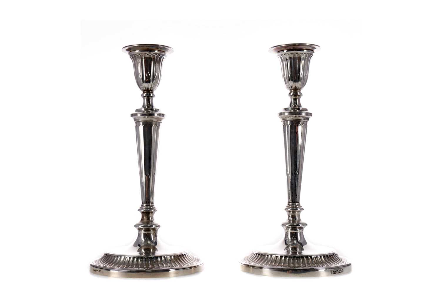 Lot 449 - A PAIR OF ADAM STYLE SILVER CANDLESTICKS