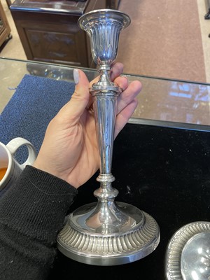 Lot 449 - A PAIR OF ADAM STYLE SILVER CANDLESTICKS