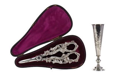 Lot 450 - A RUSSIAN SILVER VODKA CUP, ALONG WITH A PAIR OF GRAPE SCISSORS