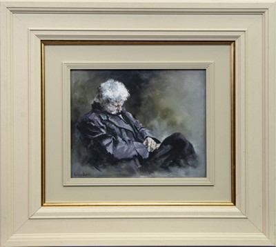 Lot 549 - RESTING- MAN OF THE WOOD, AN OIL BY COLIN WARDEN