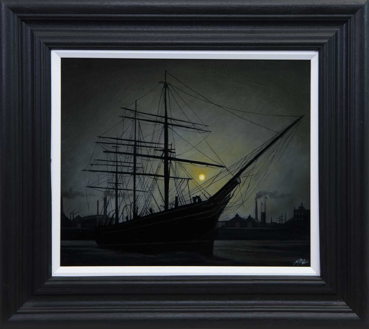 Lot 517 - THE CUTTY SARK IN MOONLIGHT, AN OIL BY RYAN MUTTER