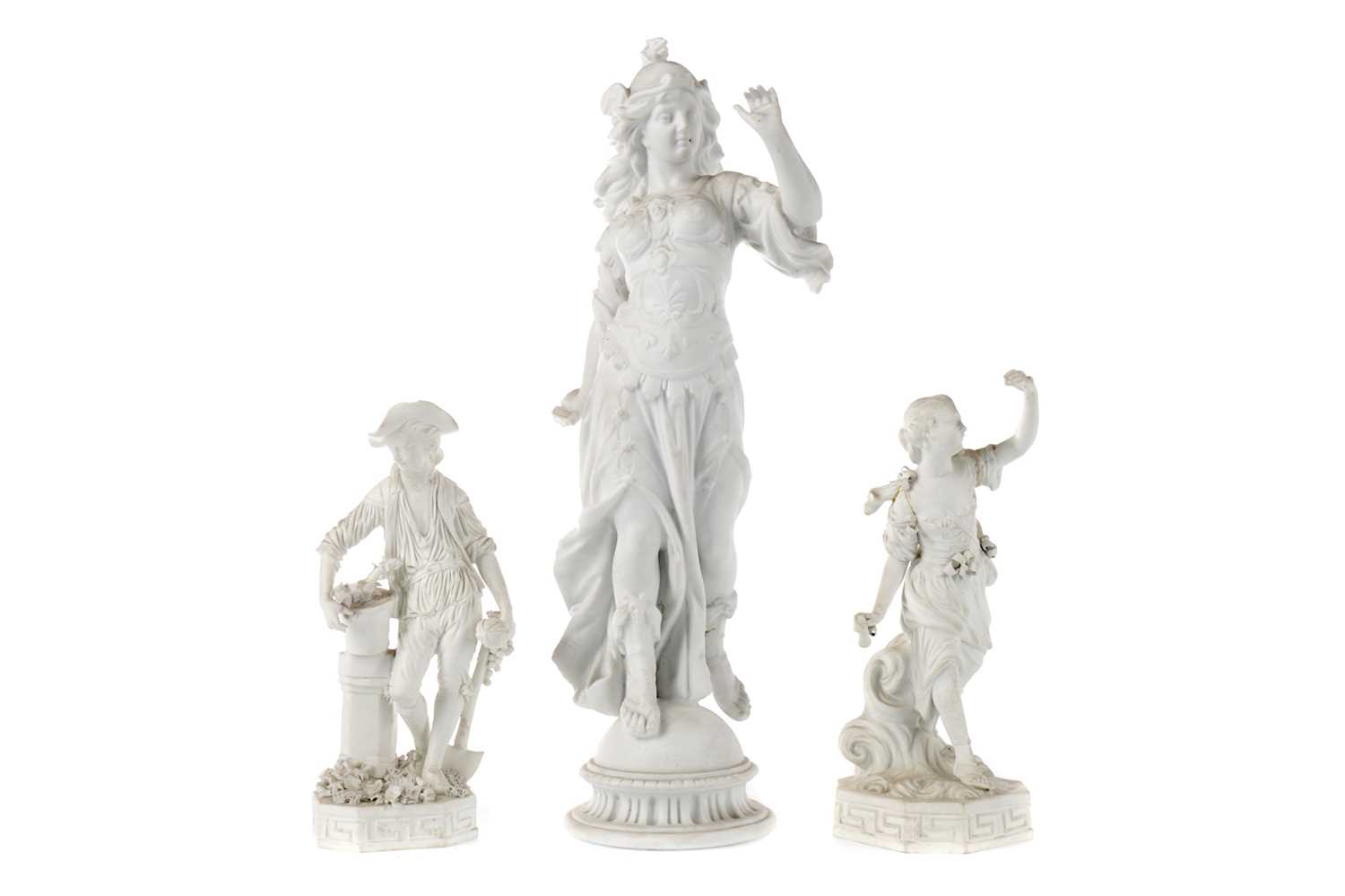 Lot 103 - A LATE 19TH CENTURY BISCUIT PORCELAIN FIGURE OF A BELLONA ALONG WITH A PAIR OF FIGURES