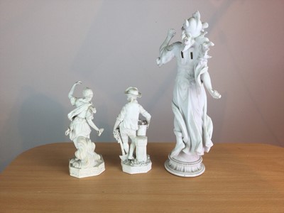 Lot 103 - A LATE 19TH CENTURY BISCUIT PORCELAIN FIGURE OF A BELLONA ALONG WITH A PAIR OF FIGURES