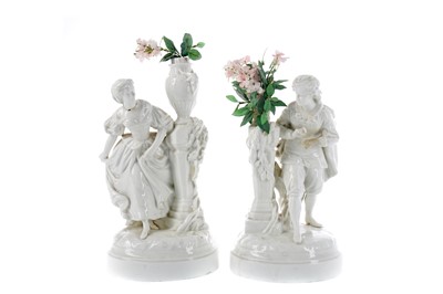 Lot 110 - A PAIR OF LATE 19TH CENTURY CONTINENTAL PORCELAIN FIGURAL VASES