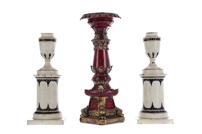 Lot 47 - A PAIR OF CAST METAL CANDLESTICKS, ALONG WITH ANOTHER