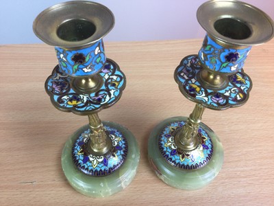 Lot 63 - A PAIR OF LATE 19TH CENTURY BRASS AND CHAMPLEVÉ ENAMEL CANDLESTICKS