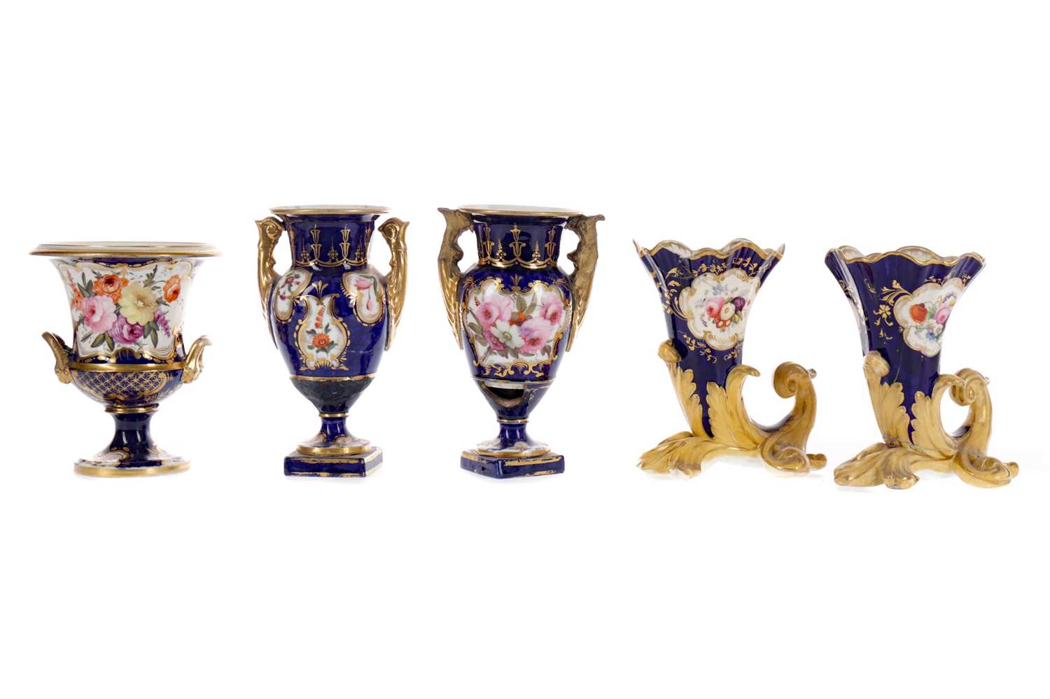 Lot 59 - A PAIR OF EARLY 19TH CENTURY ENGLISH PORCELAIN VASES, ALONG WITH ANOTHER PAIR AND ONE OTHER