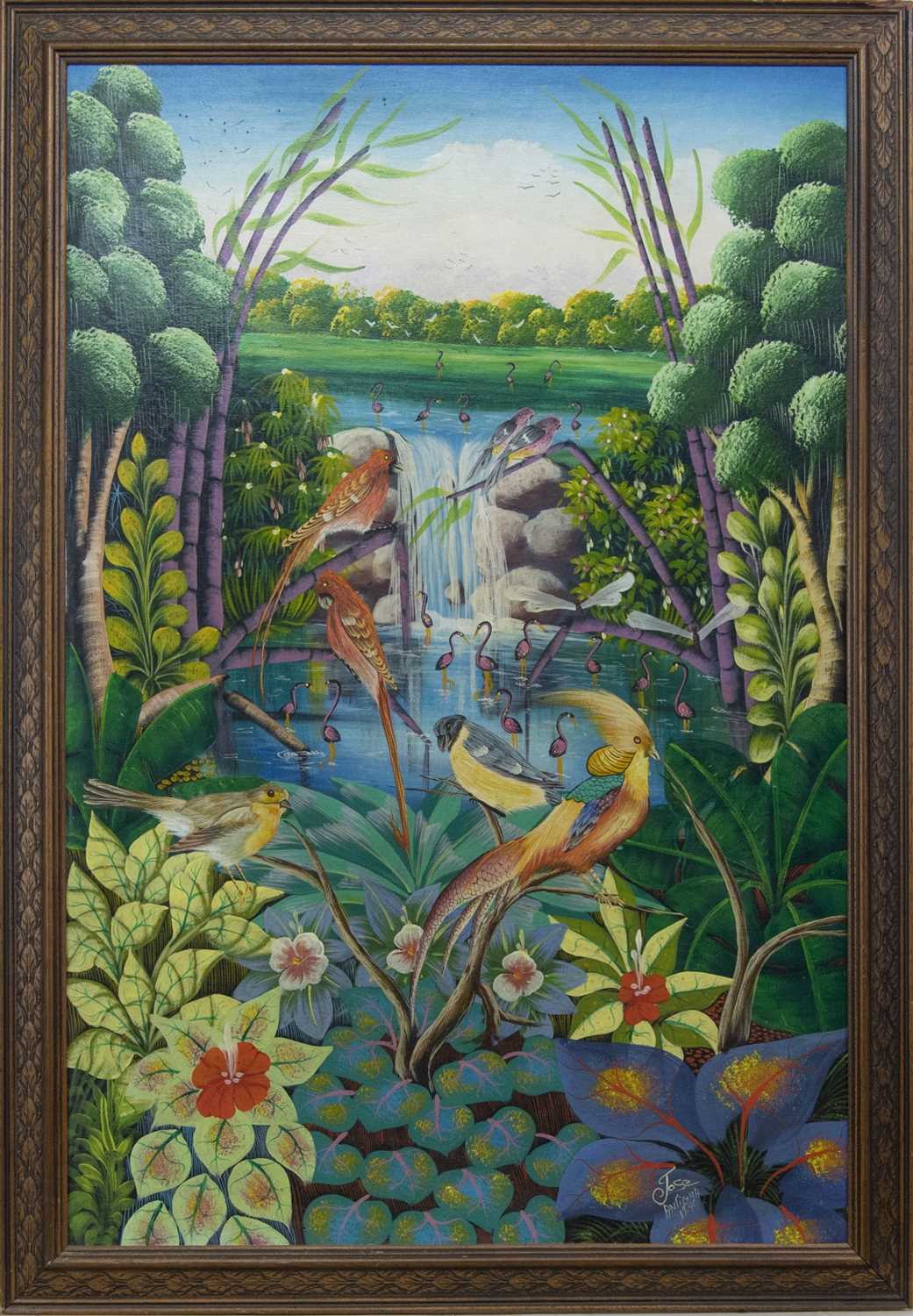 Lot 8 - EXOTIC BIRDS IN A STYLISED LANDSCAPE, AN OIL BY JOSE ANTIGUA