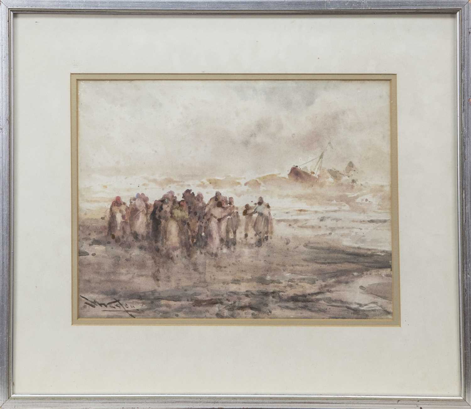 Lot 14 - FIGURES ON THE SHORE, A WATERCOLOUR BY FRANK WASLEY