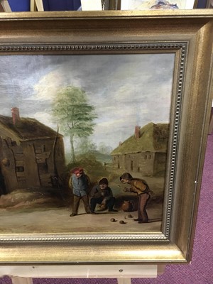 Lot 3 - FIGURES PLAYING BOWLS, AN OIL AFTER DAVID TENIERS