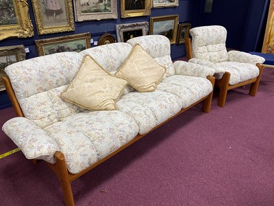 Lot 150A - A RETRO UPHOLSTERED THREE SEAT SETTEE AND ARMCHAIR