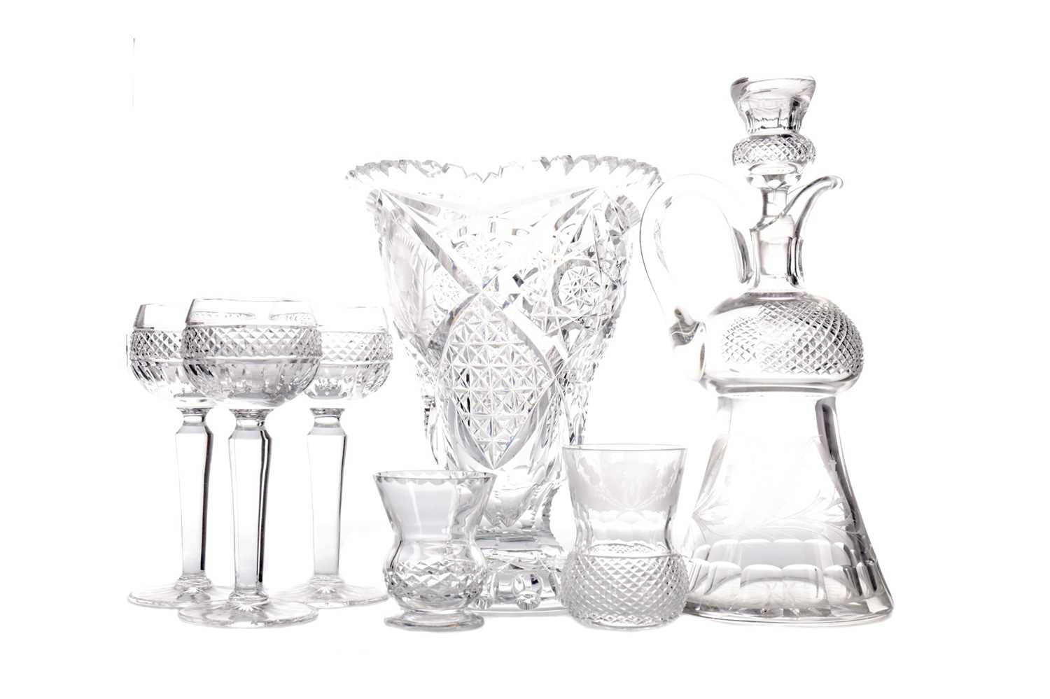 Lot 1057 - AN EARLY 20TH CENTURY CUT GLASS CLARET JUG AND STOPPER, ALONG WITH FIVE HOCK GLASSES, TWO TUMBLERS AND A VASE