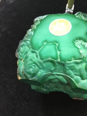 Lot 1142 - AN ART DECO MALACHITE GLASS DRESSING TABLE SET