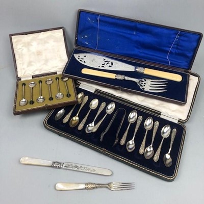Lot 1 - A SET OF SIX SILVER BEAN TOP COFFEE SPOONS AND OTHER FLATWARE