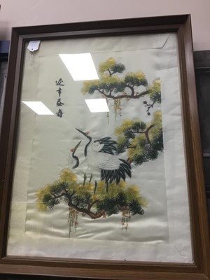 Lot 723 - AN EARLY 20TH CENTURY JAPANESE FABRIC AND PAINTED PICTURE AND THREE OTHER PICTURES