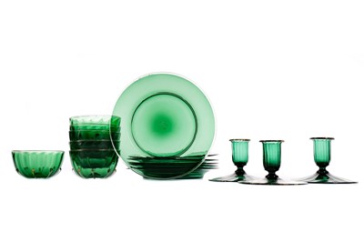 Lot 1147 - A LOT OF SIX VICTORIAN EMERALD GLASS FINGER BOWLS AND THREE CANDLESTICKS