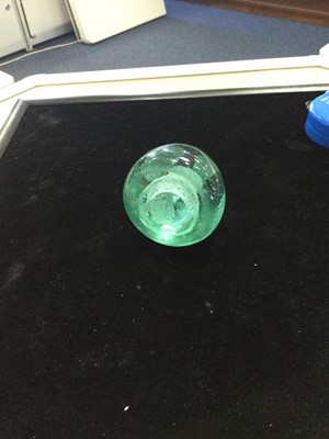 Lot 1152 - A LATE VICTORIAN GREEN GLASS DUMP PAPERWEIGHT AND TWO OTHERS