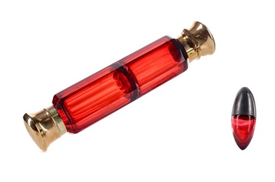 Lot 1166 - A LATE VICTORIAN CRANBERRY GLASS DOUBLE ENDED SCENT BOTTLE