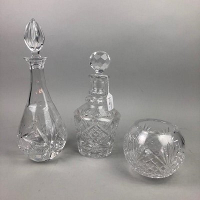 Lot 53 - A CUT GLASS DECANTER AND STOPPER ALONG WITH ANOTHER AND OTHER CUT GLASS