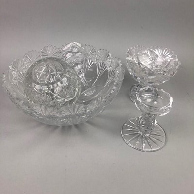 Lot 53 - A CUT GLASS DECANTER AND STOPPER ALONG WITH ANOTHER AND OTHER CUT GLASS