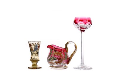 Lot 1178 - A LATE 19TH CENTURY MOSER GLASS JUG, ALONG WITH TWO LIQUEUR GLASSES