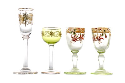 Lot 1181 - A PAIR OF LATE 19TH CENTURY URANIUM GLASS LIQUEUR GLASSES, ALONG WITH TWO OTHERS