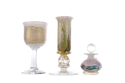 Lot 1182 - A CONTEMPORARY GLASS CANDLESTICK, ALONG WITH A WINE GLASS AND PERFUME BOTTLE