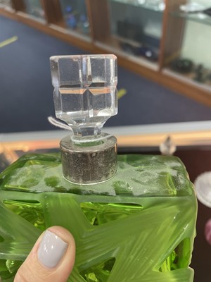 Lot 1183 - AN ART DECO SILVER COLLARED GREEN GLASS PERFUME BOTTLE AND STOPPER, ALONG WITH FIVE OTHERS