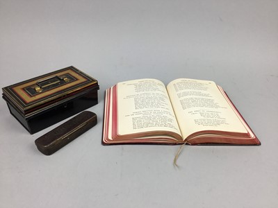 Lot 139 - A BURNS POETICAL WORKS LEATHERBOUND BOOK, VINTAGE TINS AND PLAYING CARDS